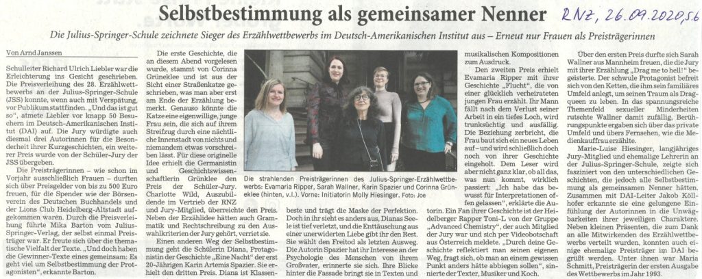 Artikel der Rhein-Neckar-Zeitung zur Preisverleihung zum 28. Erzählwettbewerb der Julius-Springer-Schule RNZ Artikel